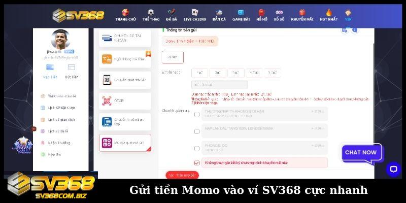 Gửi tiền Momo vào ví SV368 cực nhanh